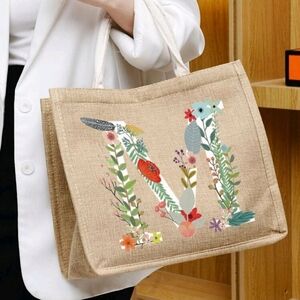graphic M INITIAL  Canvas Tote Bag, beachy boho florals Per…